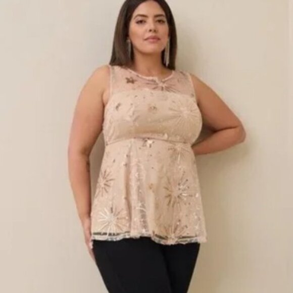 Torrid Brand Women's size 3 Rose gold Embroidered Mesh Lace Babydoll Tank NWT - Picture 4 of 8